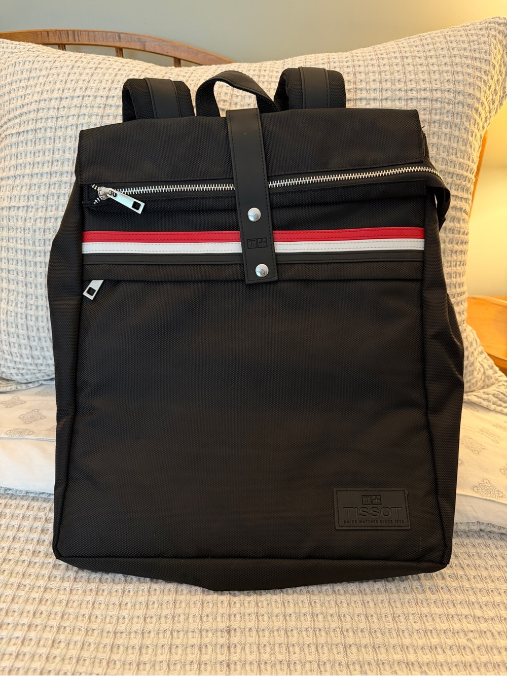 Tissot Black Backpack with Red & White Stripe